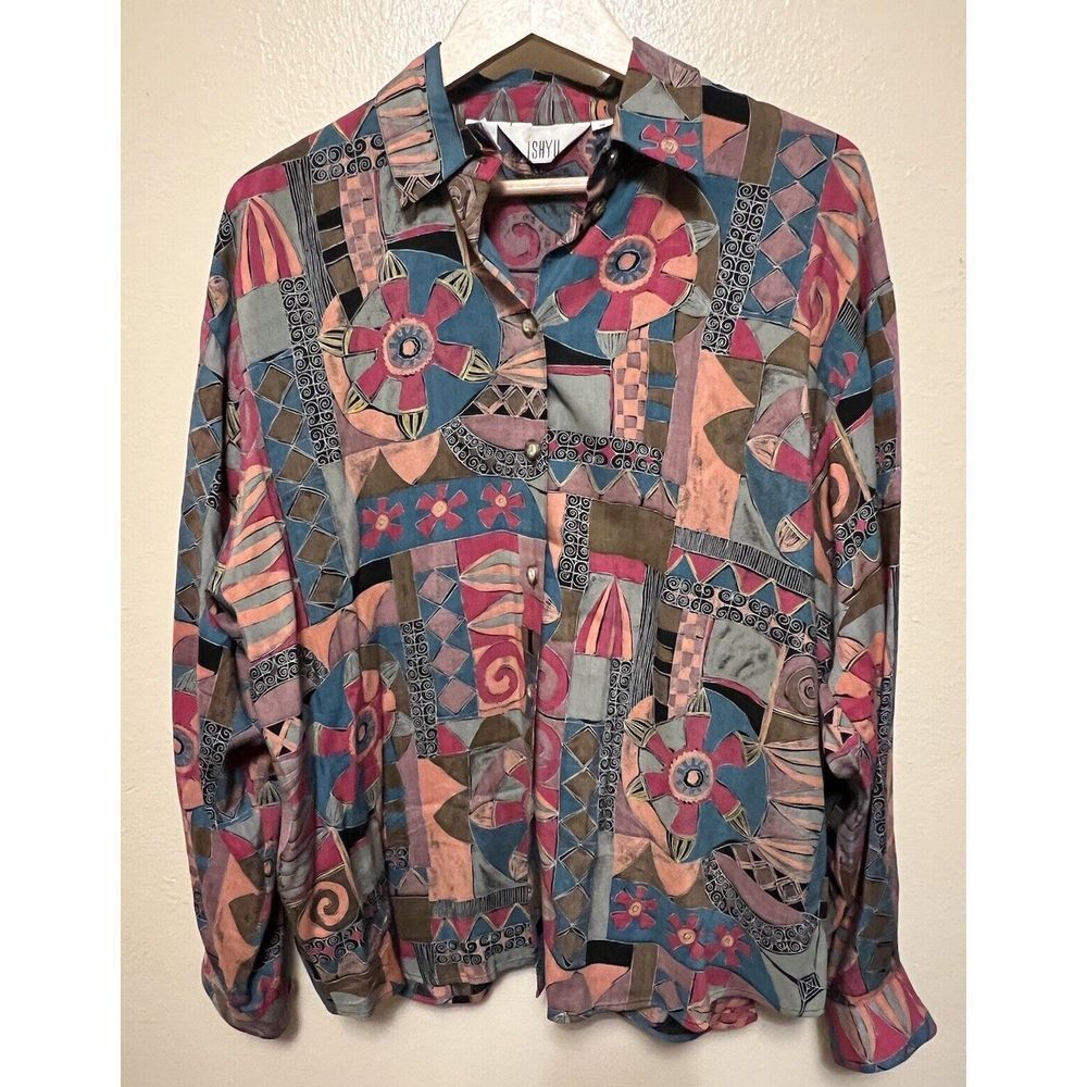 Vtg Ishyu 80s Colorful Geometric Designer‎ Rayon Button Up Shirt Sz 12 Hong Kong